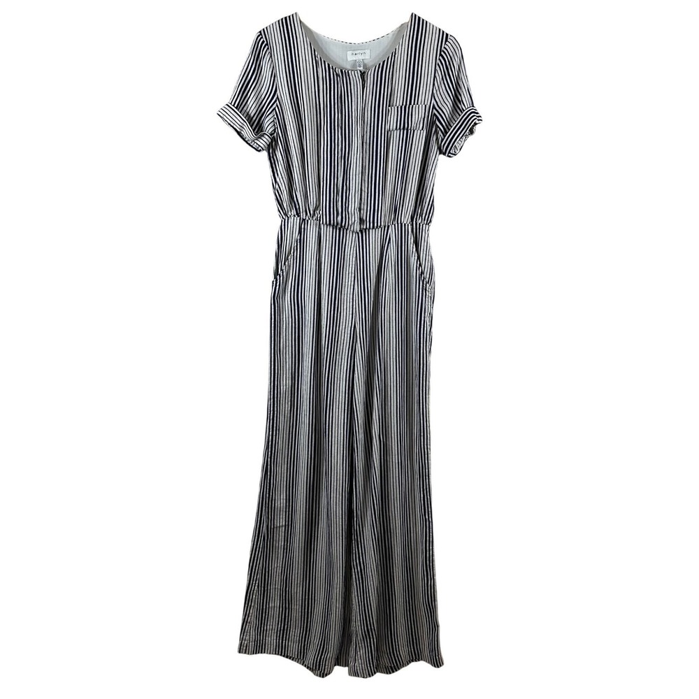 Harlyn Anthropologie Womens Linen Cotton Striped Wide Leg Jumpsuit Navy White